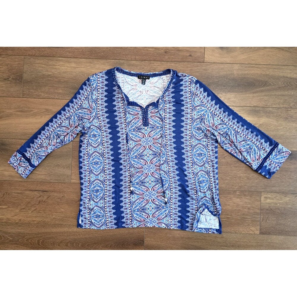 Tribal Tunic Top XL Blue Paisley Boho Peasant Tassel Tie Stretch 3/4 Sleeve